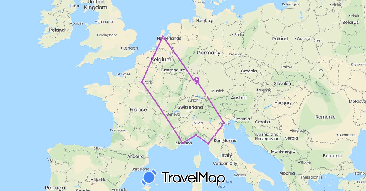 TravelMap itinerary: train in Germany, France, Italy, Netherlands (Europe)